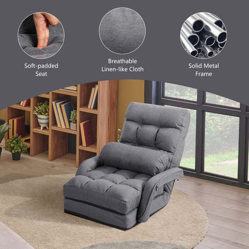 Folding Lazy Sofa Floor Chair with 6-Position Adjustable Backrest, Lumbar Pillow & Armrests, Indoor Chaise Lounge Sofa for Gaming, Living Room