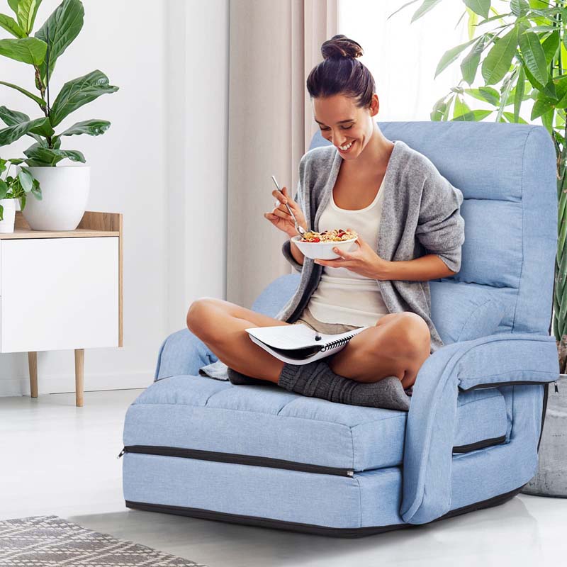 Folding Lazy Sofa Floor Chair with 6-Position Adjustable Backrest, Lumbar Pillow & Armrests, Indoor Chaise Lounge Sofa for Gaming, Living Room