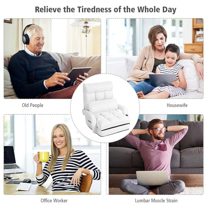 Folding Lazy Sofa Floor Chair with 6-Position Adjustable Backrest, Lumbar Pillow & Armrests, Indoor Chaise Lounge Sofa for Gaming, Living Room