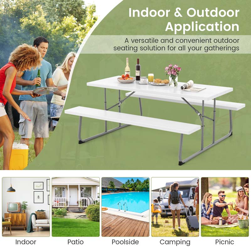 6 FT HDPE Folding Picnic Table Bench Set for 8 Person, Outdoor Large Picnic Table with Umbrella Hole & Metal Frame