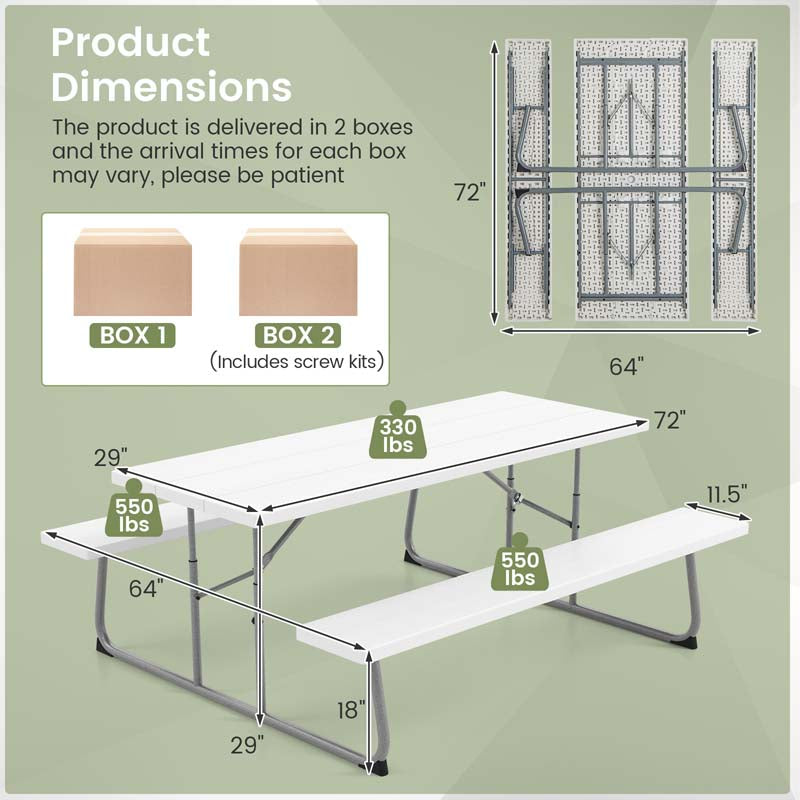 6 FT HDPE Folding Picnic Table Bench Set for 8 Person, Outdoor Large Picnic Table with Umbrella Hole & Metal Frame