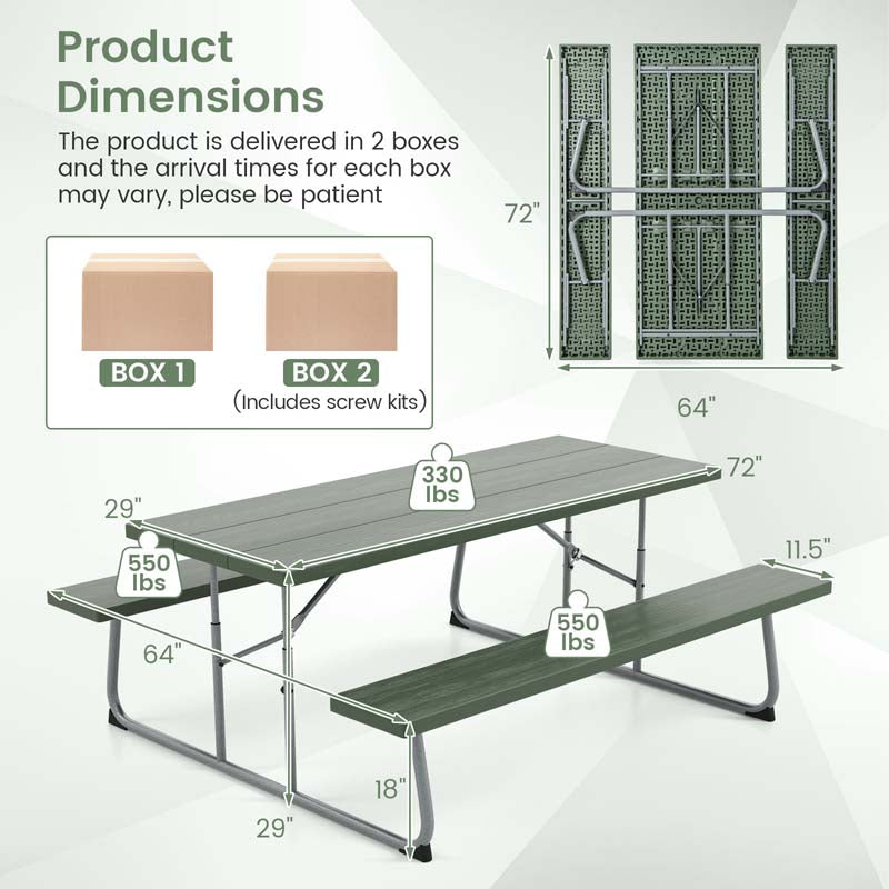 6 FT HDPE Folding Picnic Table Bench Set for 8 Person, Outdoor Large Picnic Table with Umbrella Hole & Metal Frame