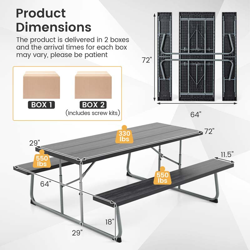 6 FT HDPE Folding Picnic Table Bench Set for 8 Person, Outdoor Large Picnic Table with Umbrella Hole & Metal Frame