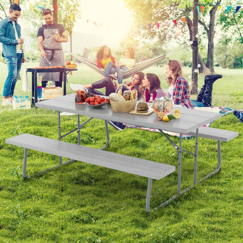 6 FT HDPE Folding Picnic Table Bench Set for 8 Person, Outdoor Large Picnic Table with Umbrella Hole & Metal Frame