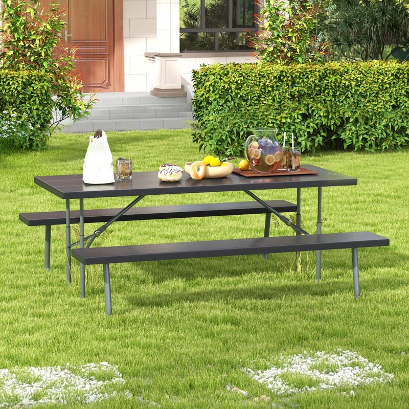 6 FT HDPE Folding Picnic Table Bench Set for 8 Person, Outdoor Large Picnic Table with Umbrella Hole & Metal Frame