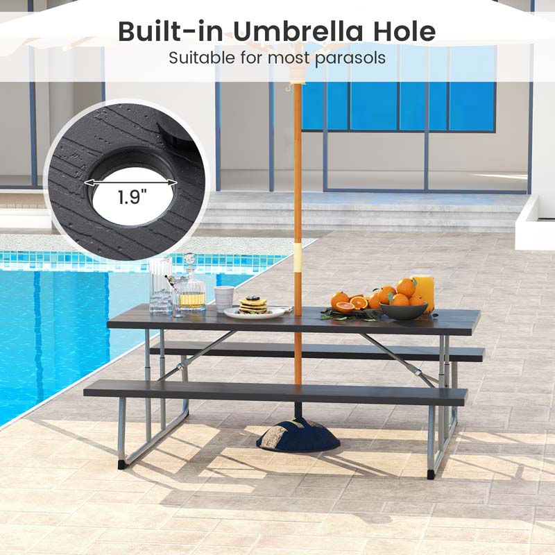 6 FT HDPE Folding Picnic Table Bench Set for 8 Person, Outdoor Large Picnic Table with Umbrella Hole & Metal Frame