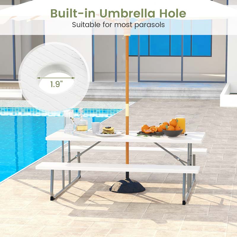 6 FT HDPE Folding Picnic Table Bench Set for 8 Person, Outdoor Large Picnic Table with Umbrella Hole & Metal Frame