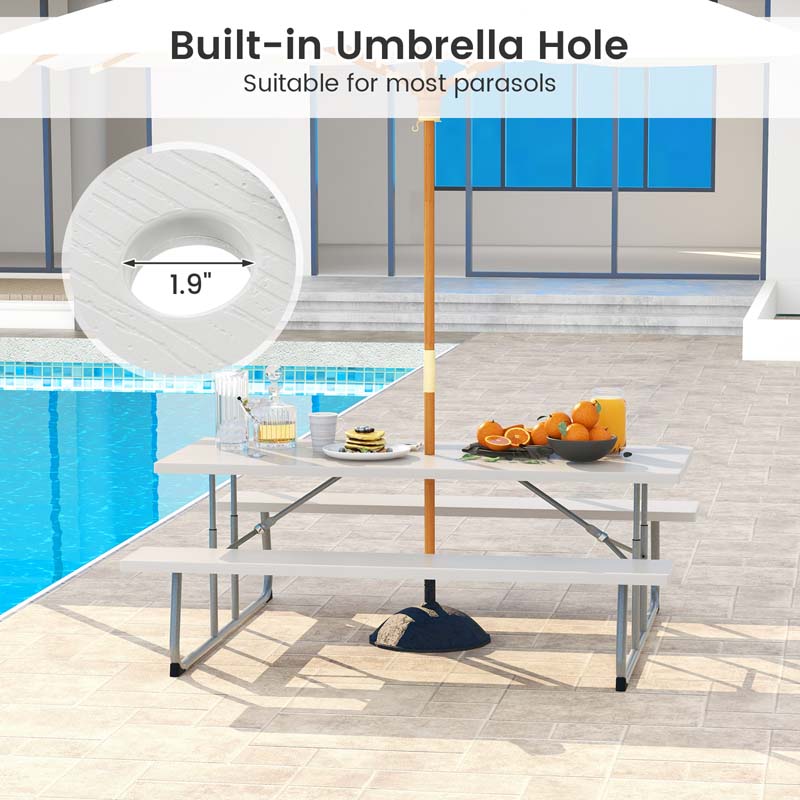 6 FT HDPE Folding Picnic Table Bench Set for 8 Person, Outdoor Large Picnic Table with Umbrella Hole & Metal Frame