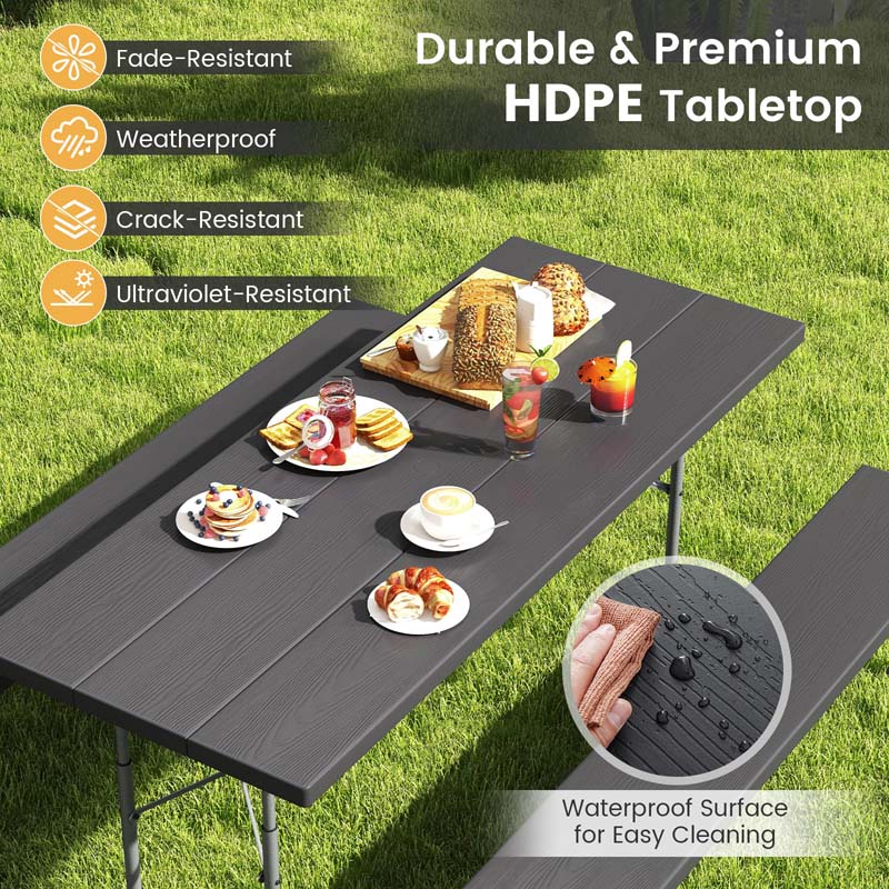 6 FT HDPE Folding Picnic Table Bench Set for 8 Person, Outdoor Large Picnic Table with Umbrella Hole & Metal Frame