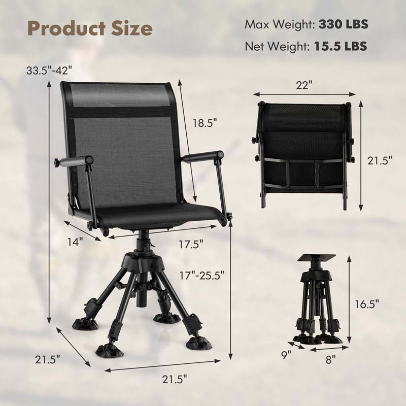 360° Swivel Silent Folding Hunting Blind Chair for Shooting Fishing, Portable Sniper Seat with 4 Adjustable Legs, All-Terrain Foot Pads