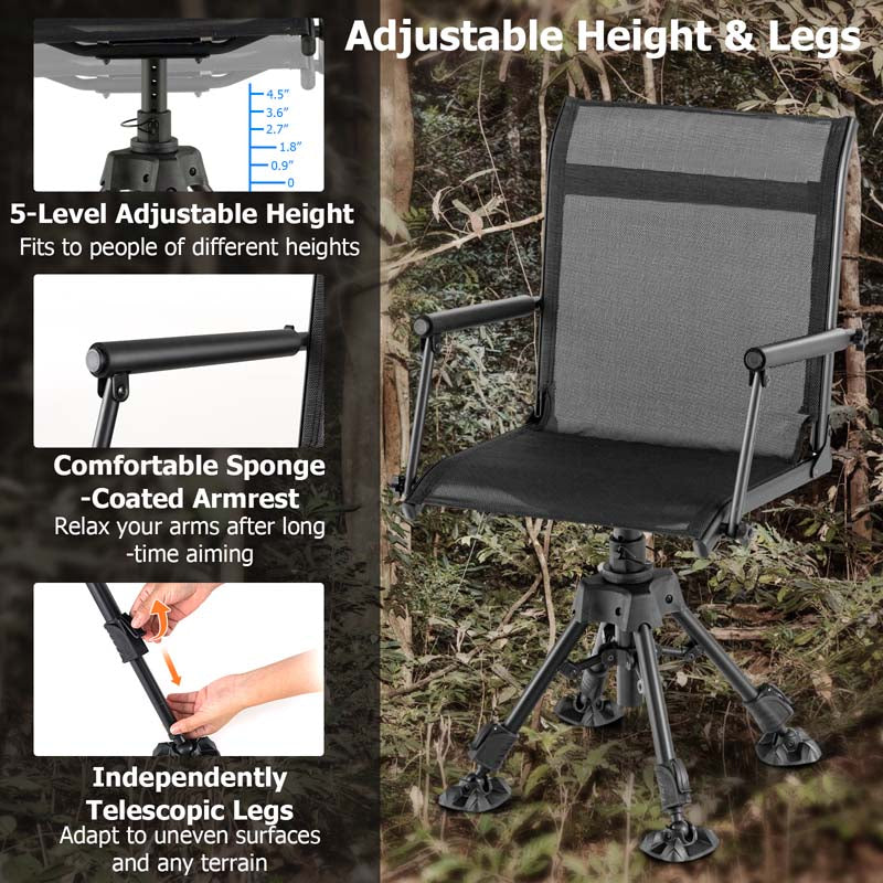 360° Swivel Silent Folding Hunting Blind Chair for Shooting Fishing, Portable Sniper Seat with 4 Adjustable Legs, All-Terrain Foot Pads