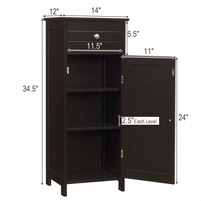Freestanding Wooden Floor Storage Cabinet with Large Drawer & 2 Adjustable Shelves, Morden Side Storage Bathroom Organizer Cabinet