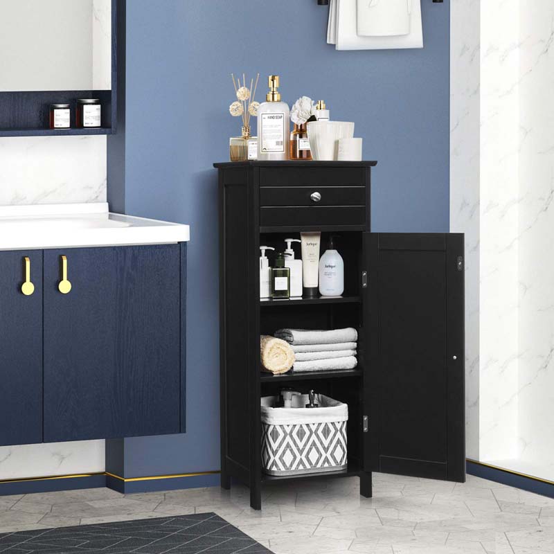Freestanding Wooden Floor Storage Cabinet with Large Drawer & 2 Adjustable Shelves, Morden Side Storage Bathroom Organizer Cabinet