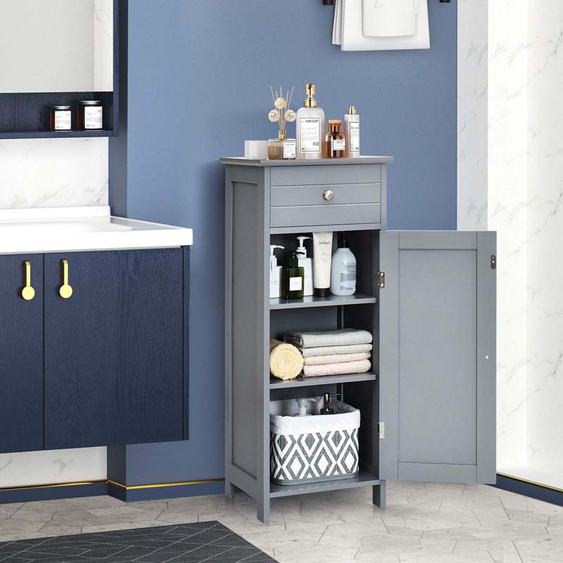 Freestanding Wooden Floor Storage Cabinet with Large Drawer & 2 Adjustable Shelves, Morden Side Storage Bathroom Organizer Cabinet
