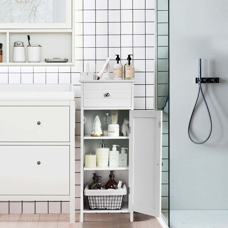 Freestanding Wooden Floor Storage Cabinet with Large Drawer & 2 Adjustable Shelves, Morden Side Storage Bathroom Organizer Cabinet