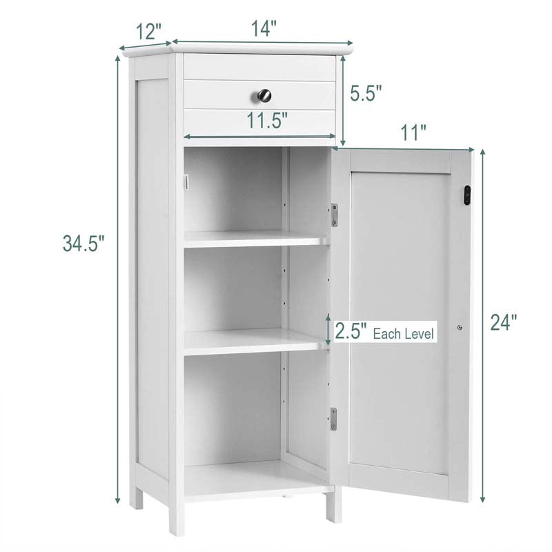 Freestanding Wooden Floor Storage Cabinet with Large Drawer & 2 Adjustable Shelves, Morden Side Storage Bathroom Organizer Cabinet