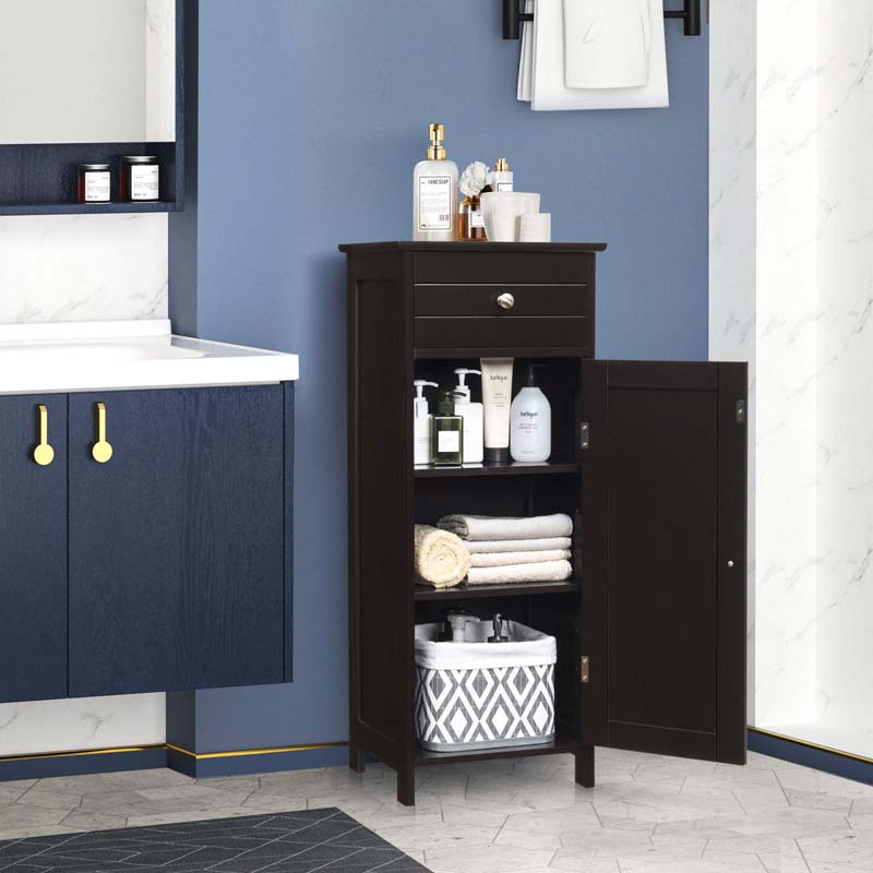 Freestanding Wooden Floor Storage Cabinet with Large Drawer & 2 Adjustable Shelves, Morden Side Storage Bathroom Organizer Cabinet