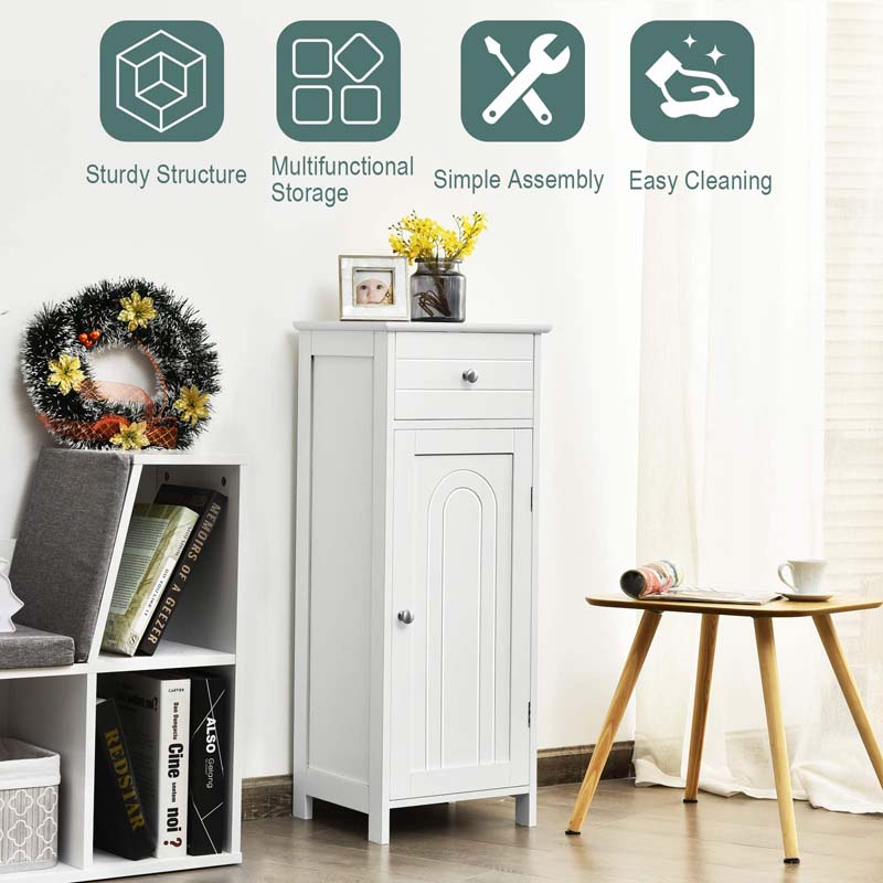 Freestanding Wooden Floor Storage Cabinet with Large Drawer & 2 Adjustable Shelves, Morden Side Storage Bathroom Organizer Cabinet