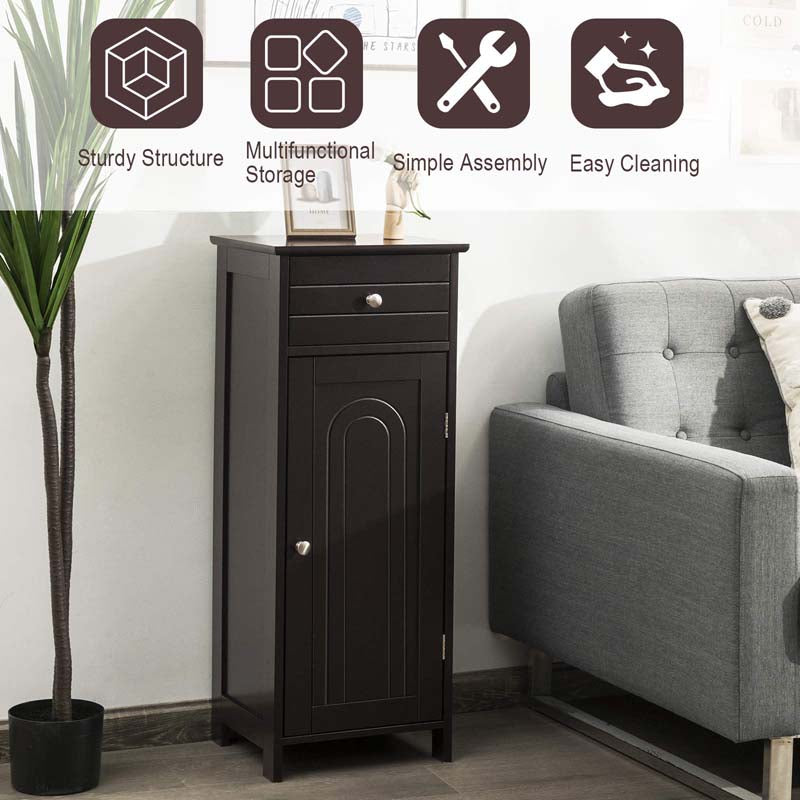 Freestanding Wooden Floor Storage Cabinet with Large Drawer & 2 Adjustable Shelves, Morden Side Storage Bathroom Organizer Cabinet