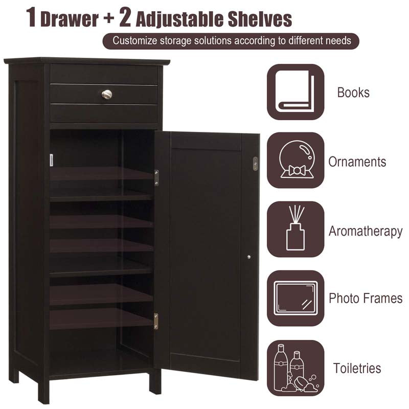 Freestanding Wooden Floor Storage Cabinet with Large Drawer & 2 Adjustable Shelves, Morden Side Storage Bathroom Organizer Cabinet
