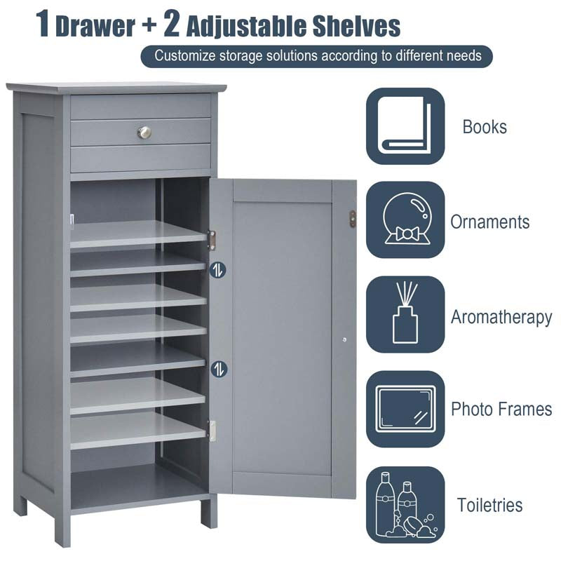Freestanding Wooden Floor Storage Cabinet with Large Drawer & 2 Adjustable Shelves, Morden Side Storage Bathroom Organizer Cabinet
