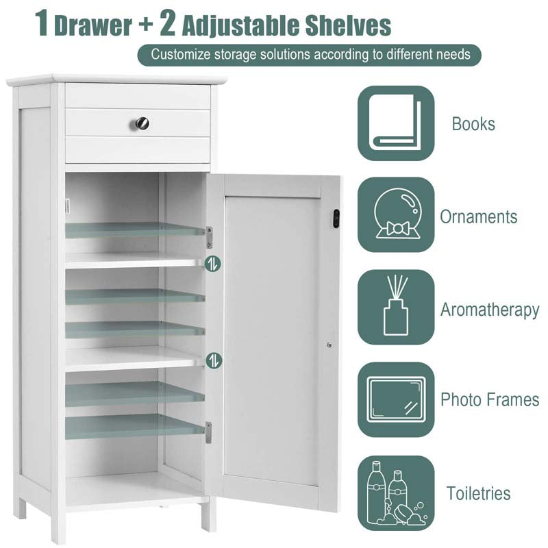 Freestanding Wooden Floor Storage Cabinet with Large Drawer & 2 Adjustable Shelves, Morden Side Storage Bathroom Organizer Cabinet