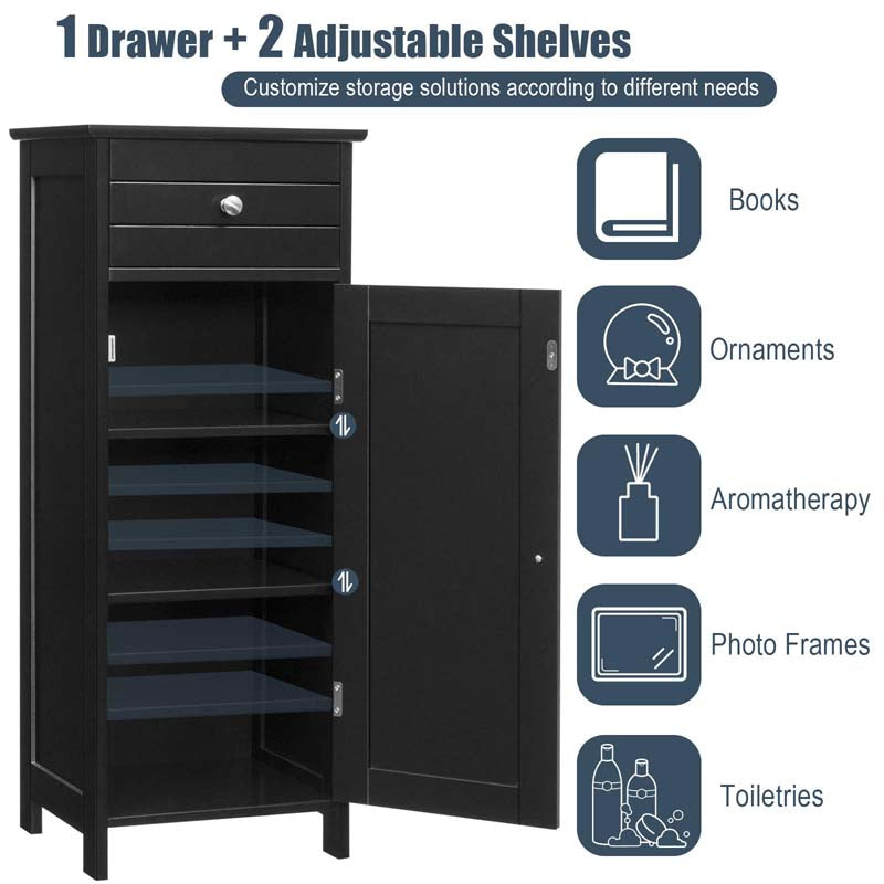 Freestanding Wooden Floor Storage Cabinet with Large Drawer & 2 Adjustable Shelves, Morden Side Storage Bathroom Organizer Cabinet