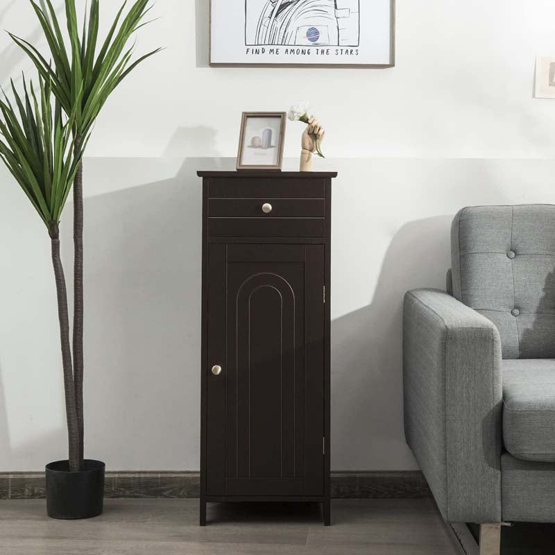 Freestanding Wooden Floor Storage Cabinet with Large Drawer & 2 Adjustable Shelves, Morden Side Storage Bathroom Organizer Cabinet