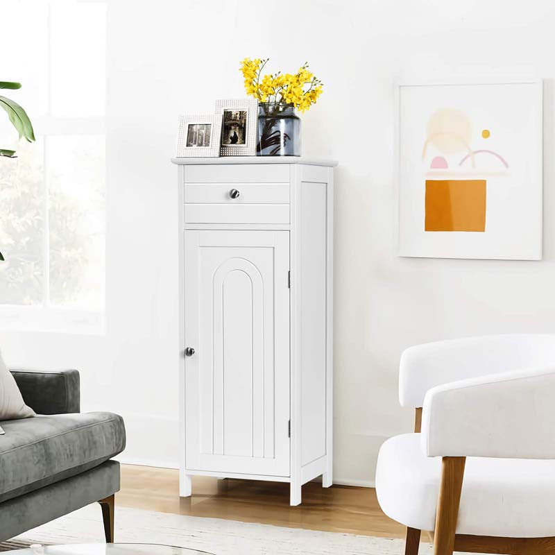 Freestanding Wooden Floor Storage Cabinet with Large Drawer & 2 Adjustable Shelves, Morden Side Storage Bathroom Organizer Cabinet
