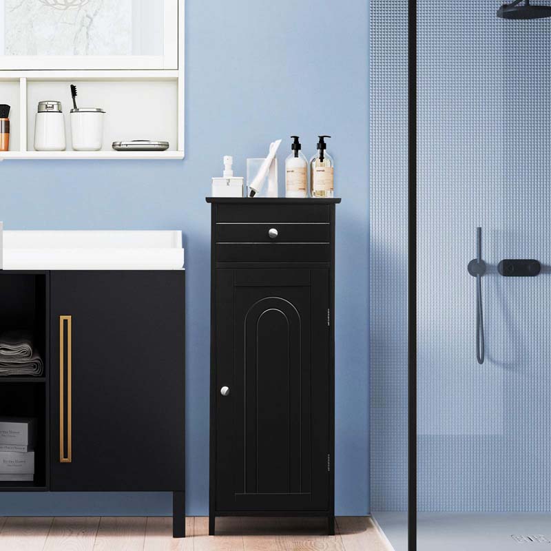 Freestanding Wooden Floor Storage Cabinet with Large Drawer & 2 Adjustable Shelves, Morden Side Storage Bathroom Organizer Cabinet
