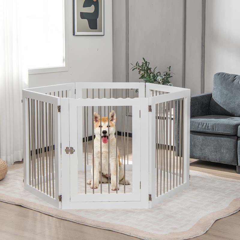 Multi-Shape Freestanding Pet Gate Playpen 144" Extra Wide Foldable Dog Gate Fence Barrier with 6 Panels, 4 Support Feet