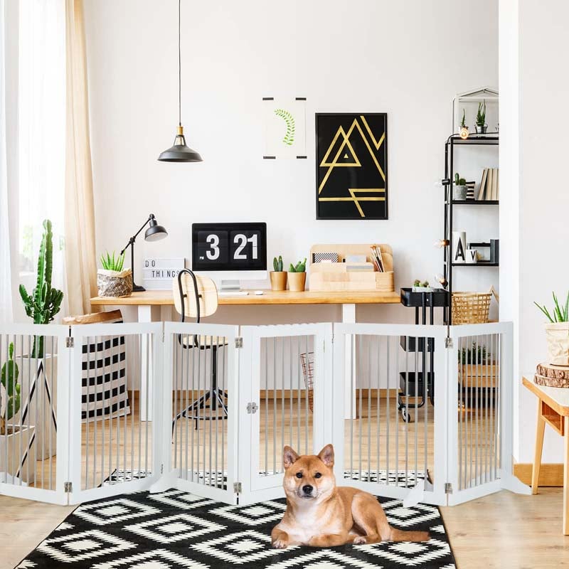Multi-Shape Freestanding Pet Gate Playpen 144" Extra Wide Foldable Dog Gate Fence Barrier with 6 Panels, 4 Support Feet