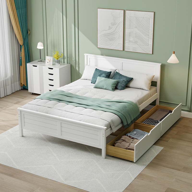 Twin/Full Size Solid Wood Platform Bed Frame with 2 Storage Drawers & Headboard, Wooden Slats Support Mattress Foundation