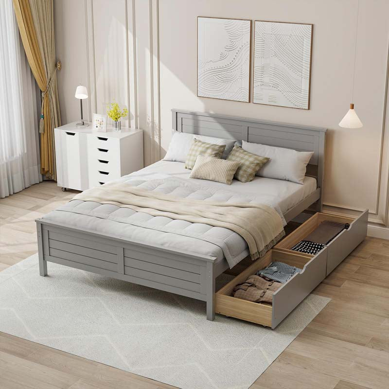 Twin/Full Size Solid Wood Platform Bed Frame with 2 Storage Drawers & Headboard, Wooden Slats Support Mattress Foundation