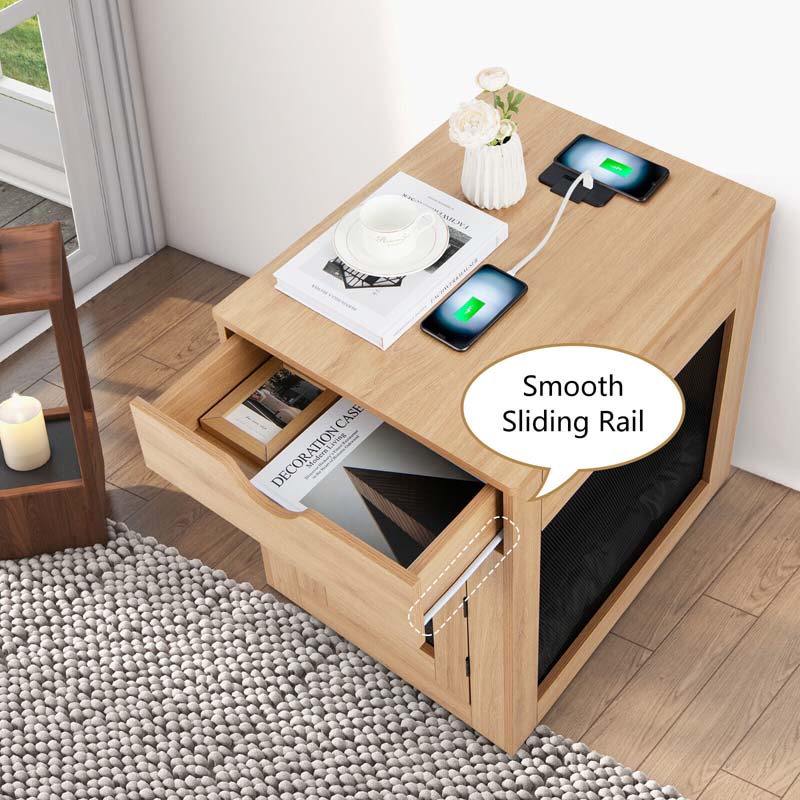 Furniture Style Small Dog Crate with Wireless Charging Station, Wooden Dog Kennel End Table with Cushion & Drawer, Latched Door