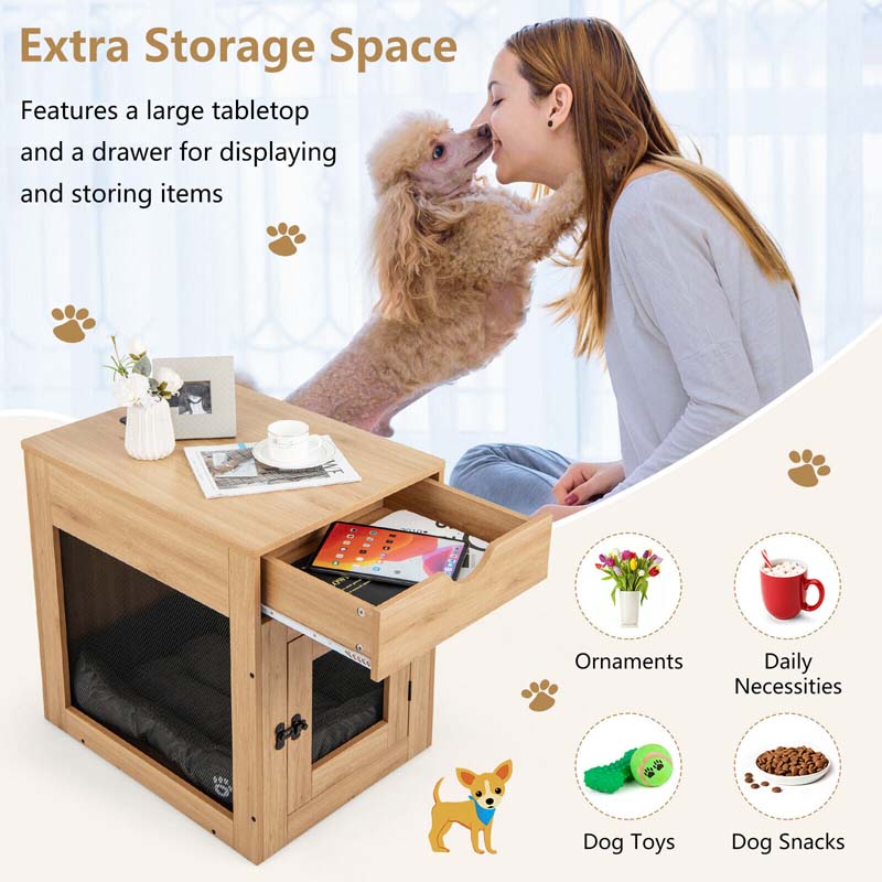 Furniture Style Small Dog Crate with Wireless Charging Station, Wooden Dog Kennel End Table with Cushion & Drawer, Latched Door