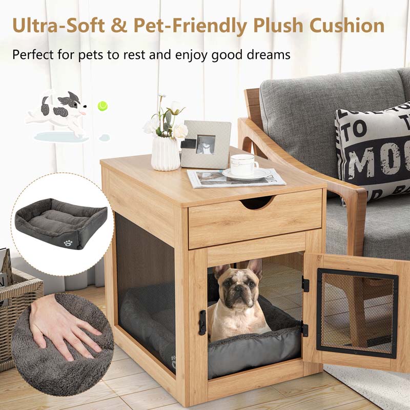 Furniture Style Small Dog Crate with Wireless Charging Station, Wooden Dog Kennel End Table with Cushion & Drawer, Latched Door