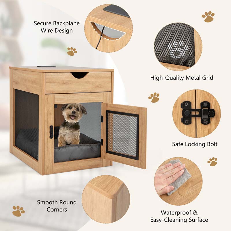 Furniture Style Small Dog Crate with Wireless Charging Station, Wooden Dog Kennel End Table with Cushion & Drawer, Latched Door