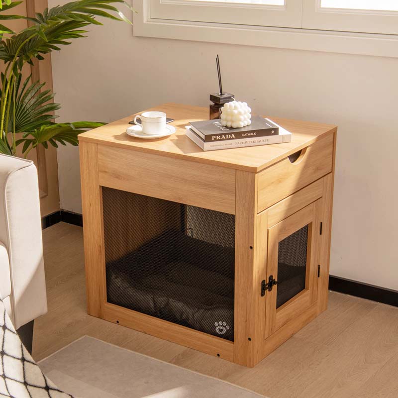 Furniture Style Small Dog Crate with Wireless Charging Station, Wooden Dog Kennel End Table with Cushion & Drawer, Latched Door