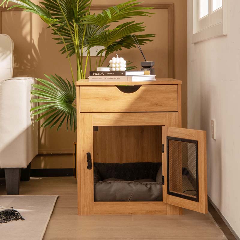 Furniture Style Small Dog Crate with Wireless Charging Station, Wooden Dog Kennel End Table with Cushion & Drawer, Latched Door