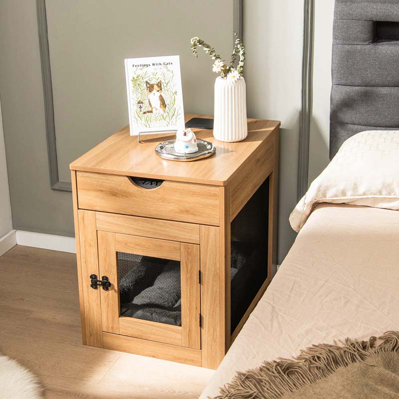 Furniture Style Small Dog Crate with Wireless Charging Station, Wooden Dog Kennel End Table with Cushion & Drawer, Latched Door