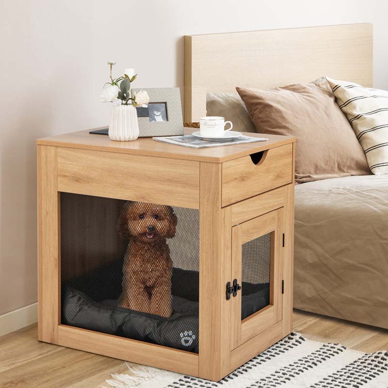 Furniture Style Small Dog Crate with Wireless Charging Station, Wooden Dog Kennel End Table with Cushion & Drawer, Latched Door