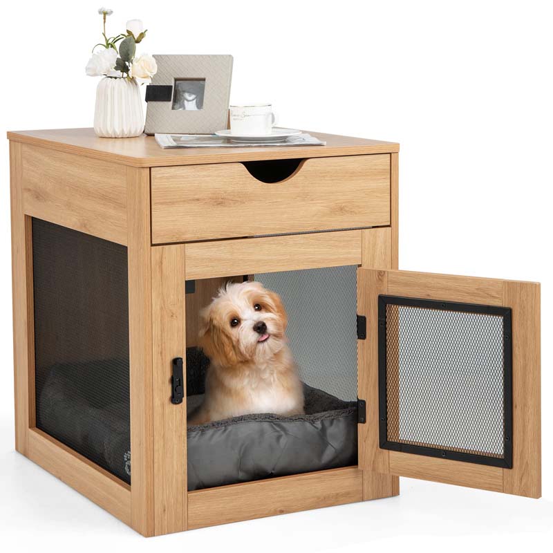 Furniture Style Small Dog Crate with Wireless Charging Station, Wooden Dog Kennel End Table with Cushion & Drawer, Latched Door