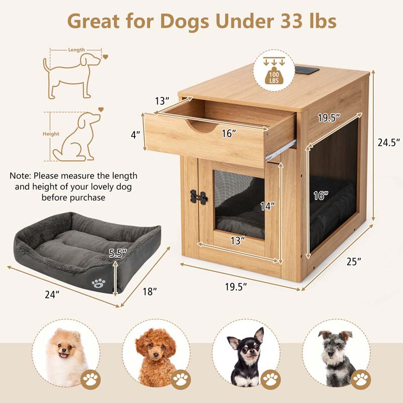 Furniture Style Small Dog Crate with Wireless Charging Station, Wooden Dog Kennel End Table with Cushion & Drawer, Latched Door