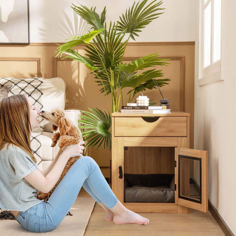 Furniture Style Small Dog Crate with Wireless Charging Station, Wooden Dog Kennel End Table with Cushion & Drawer, Latched Door