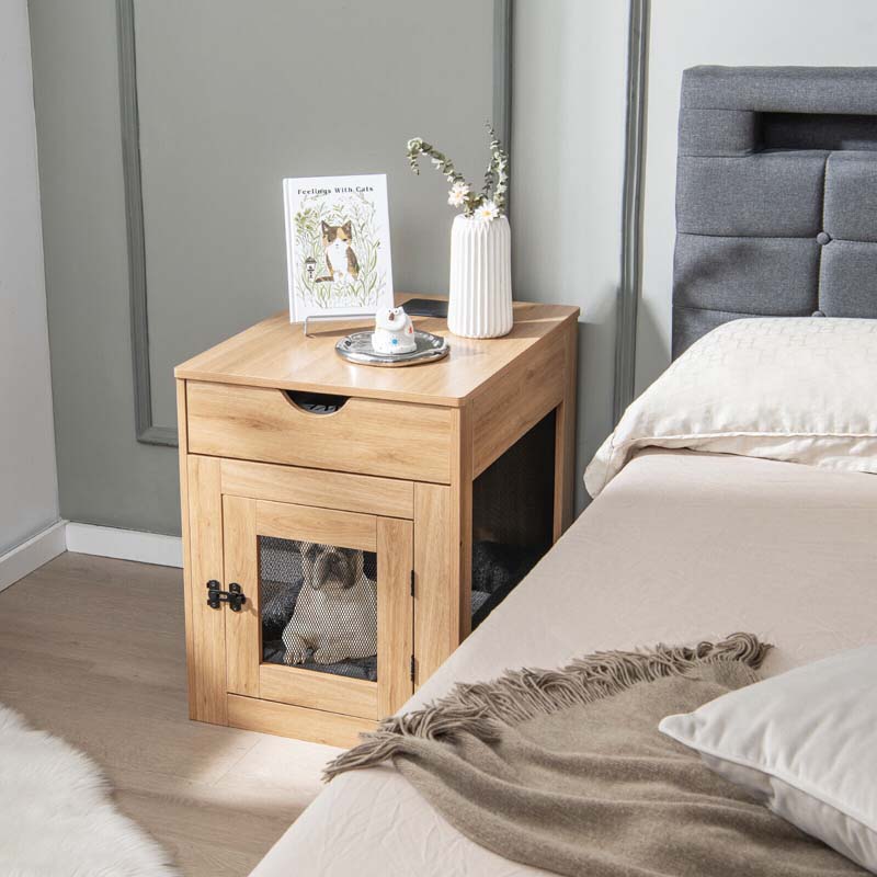 Furniture Style Small Dog Crate with Wireless Charging Station, Wooden Dog Kennel End Table with Cushion & Drawer, Latched Door