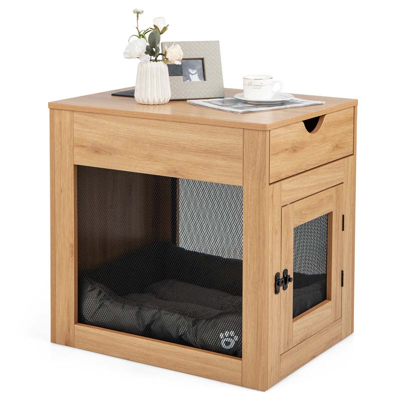 Furniture Style Small Dog Crate with Wireless Charging Station, Wooden Dog Kennel End Table with Cushion & Drawer, Latched Door