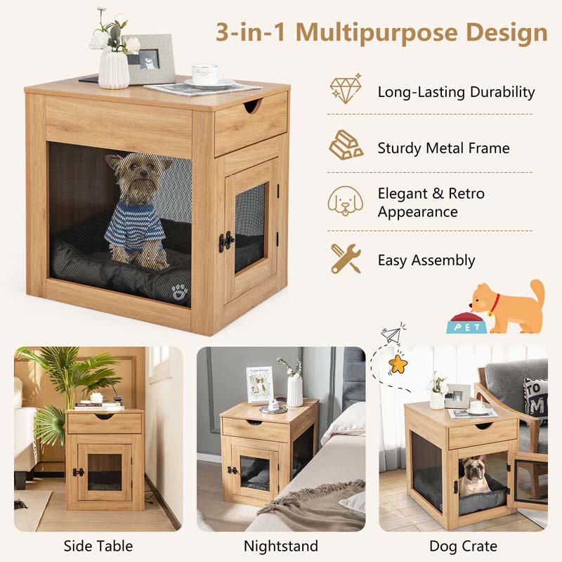 Furniture Style Small Dog Crate with Wireless Charging Station, Wooden Dog Kennel End Table with Cushion & Drawer, Latched Door