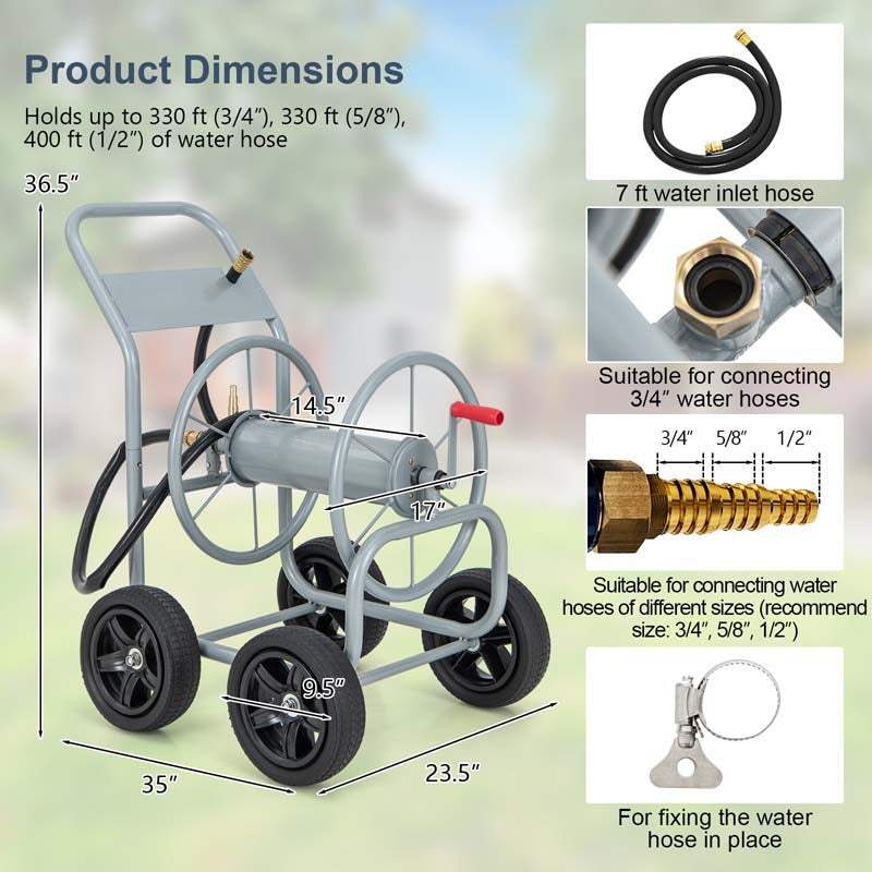 Garden Hose Reel Cart Holds 330 FT of 3/4" or 5/8” & 400 FT of 1/2" Hose, Heavy Duty Yard Water Planting Cart