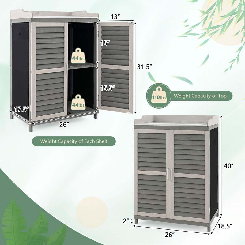 Outdoor Potting Bench Table Garden Wooden Storage Cabinet with Metal Plated Tabletop, 2 Storage Shelves, Magnetic Catch